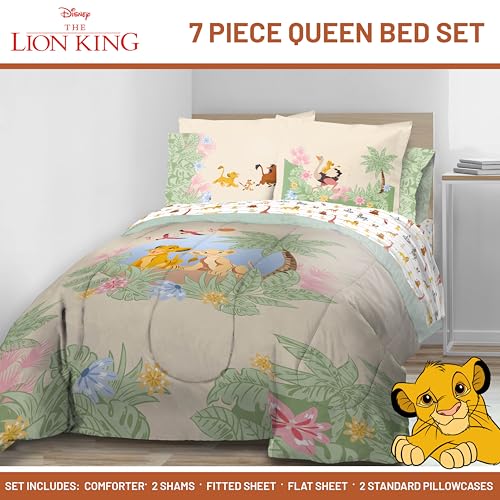 Image of Disney Lion King Simba Queen Comforter Set 7 Piece Kids Bedding, Multi | Safari Animal, Comforter Sheets Shams Pillowcases, Official Brand, Soft Microfiber, Machine Washable, Easy Care, Kids Gift