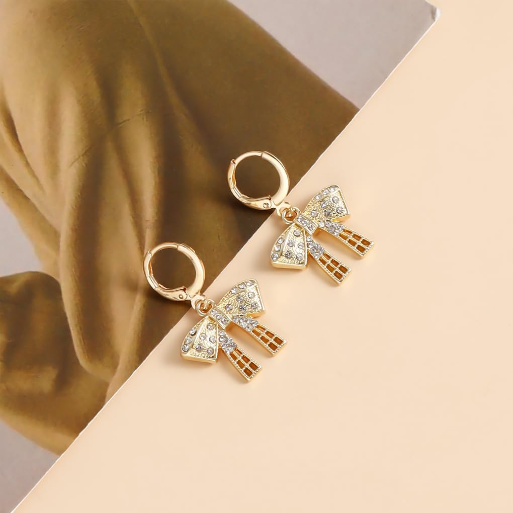 14K Gold Rhinestone Bow Huggie Earrings for Women, Dainty Crystal Bowknot Statement Hoop Earrings Trendy Aesthetic Cubic Zirconia Ear Jewelry Gifts - Image 5