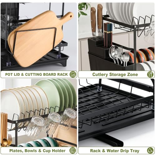 Image of Story@Home Dish Drying Rack - 2 Tier Space-Saving Dish Rack | Multifunctional Dish Drainer for Kitchen Counter with Drainboard, Utensil, Cup Holder | Kitchen Accessories Items for Home - Carbon Steel
