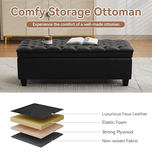 Image of WUTUTUEE 50 inch Faux Leather Storage Ottoman Bench, End of Bed Upholstered Rectangle Storage Ottoman Tufted Living Room Bedroom Bench with Safety Hinge, Solid Wood Legs, Loads 500 lb(Black)