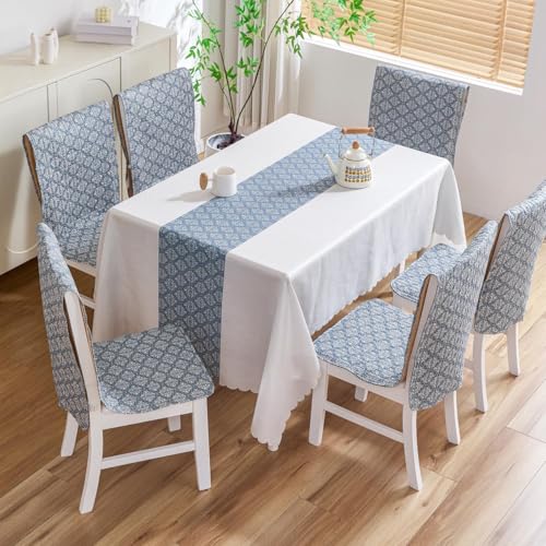 Image of HOMETHREADS Premium Cotton Chair Cover Set | Soft & Comfortable Seat Covers with Anti-Skid Non-Slip Backing + Waterproof Dining Table Cover (150x240 cm) Trap Grey, 8 Chair Covers + 1 Table Cover