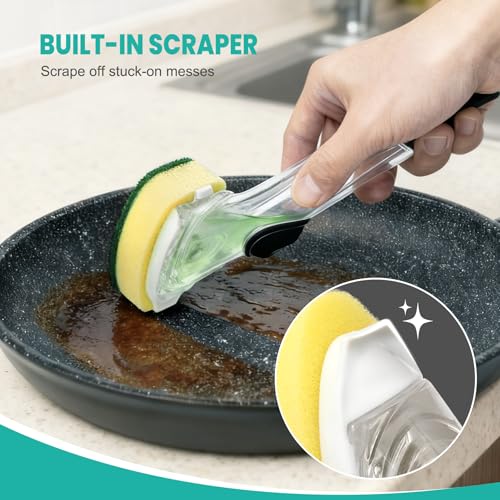 Image of Dish Wand with Handle,Non-Scratch Dishwand Refills Replacement Sponge Heads | Leak-Proof Soap Control Dispenser Scrub Sponges, Advanced Scrubber Brush Pads for Kitchen Cleaning Dishes Sink Washing Tool