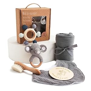 WOODEN TEETHER Baby Geschenk Jungen, Neugeborenen Geschenk zur Geburt Babyparty Geschenk Holz Spielzeuge Greiflinge Badetuch Meilenstein Babydecke Foto Requisten (Elefanten)