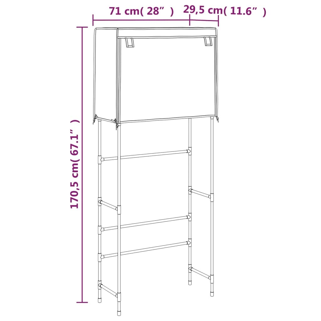 Regał na pralkę z 2 półkami i zasłoną z włókniny, regał łazienkowy nad pralką, stabilny regał stojący z żelaza, 71 x 29,5 x 170,5 cm, czarny