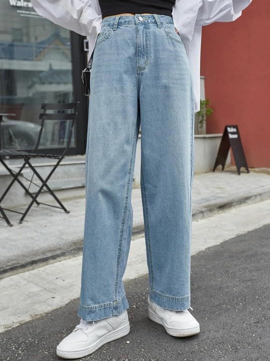 Image of GRECIILOOKS Women's Regular Fit High Rise Jeans | Pant | Baggy High Waist | Bell Bottom | Casual Straight Fit Trousers with Utility Pocket Design