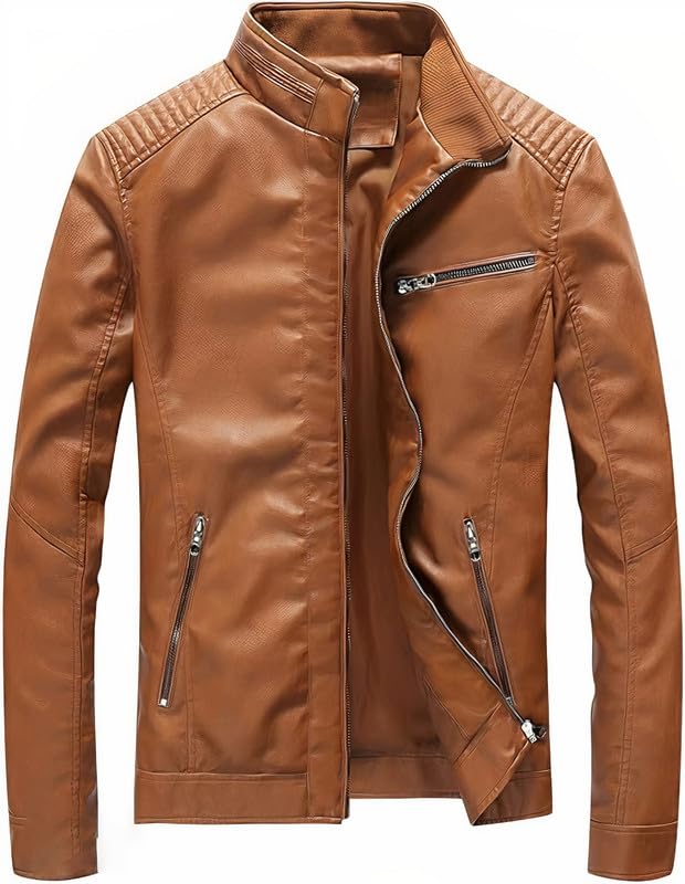 Image of Leather Retail Men Brown Faux Leather Biker Jacket with Zipper Pockets