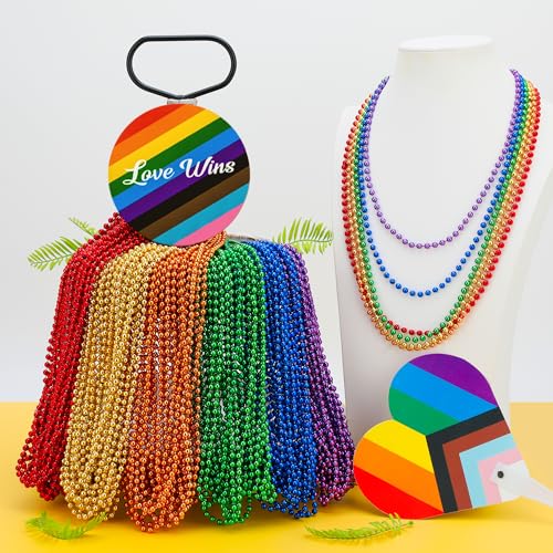 Image of EOBOH 12PCS Pride Accessories, Pride LGBTQ Beads Necklace Stuff, Metallic 6 Kinds of Rainbow Necklace Bulk, Gay Lesbian LGBT Costumes Decorations for Pride Month Parade Throws Party Favors