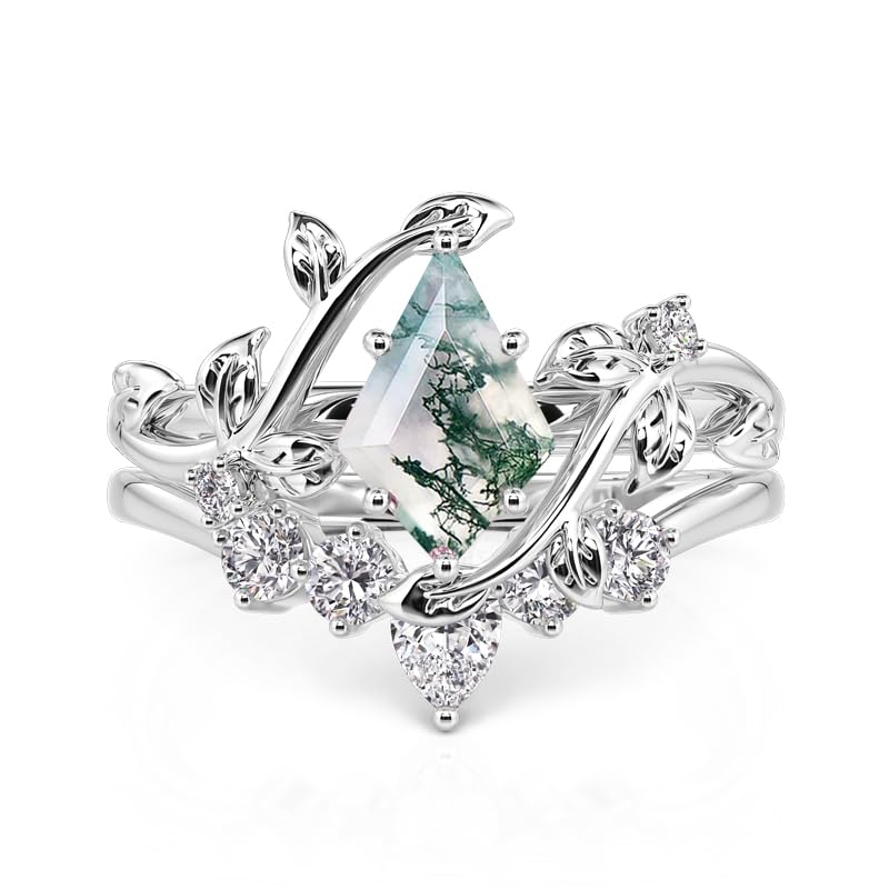 Damen Ring Set Moosachat Bandring Drachenschnitt Zirkonia Vorsteckring mit Weinblatt Fingerring Sterling Silber Stapelring Schmuckring mit Stein Silberring für Frauen