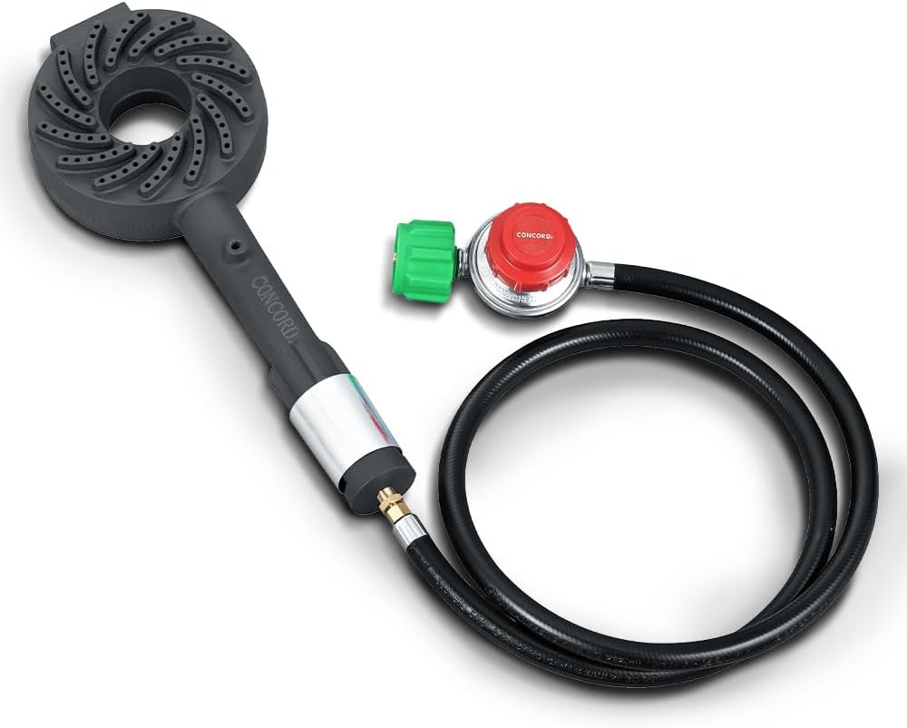 Concord Cyclone MINI Cast Iron High Pressure Burner Head with Top, Side, and Bottom Mounting Options. Single Propane Outdoor Burner Head (Burner Head with Regulator Hose)