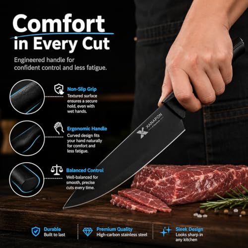 XANAPON Knife Set, 14 Pieces Kitchen Knife Set, High Carbon German Stainless Steel, Dishwasher Safe Cutlery with Built-in Knife Sharpener, Black - Image 5