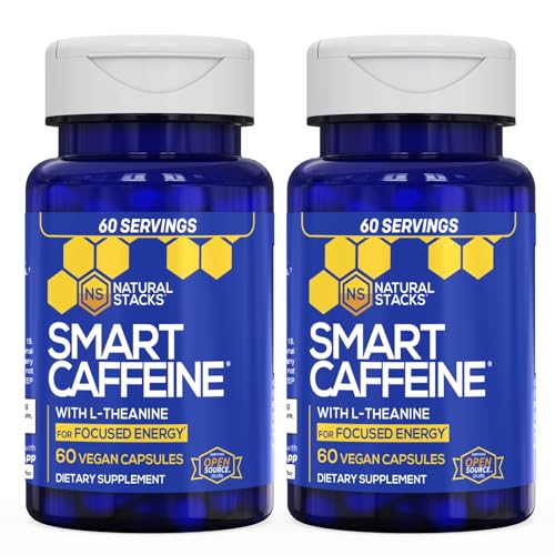 Image of NATURAL STACKS Smart Caffeine Pills - 100mg Caffeine + 200mg L-Theanine Supplement - Supports Energy and Focus - No Jitters and No Crash - 60 Capsules (Pack of 2)