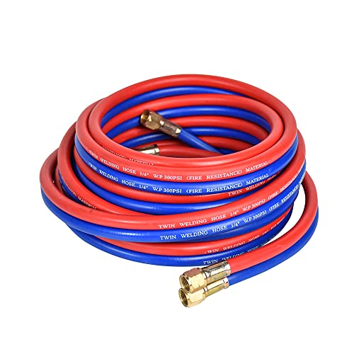 Oxygen Acetylene Hose,300PSI 50FT 1/4 Twin Welding Torch Hose with 9/16”-18 B Fittings, Oxy Acetylene Oxygen Cutting Industrial