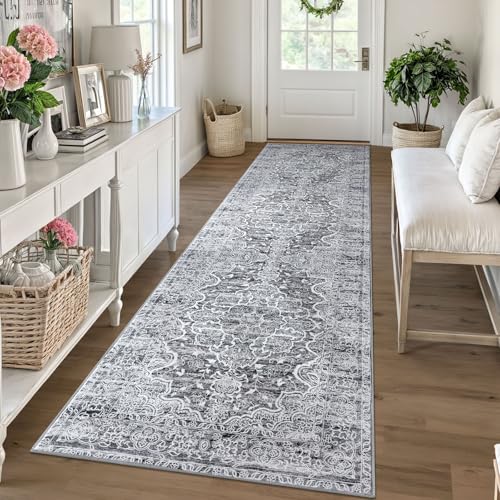 KUTA Vintage Kitchen Runner Rug, 2.6x10 Vintage Grey White Washable Hallway Rugs Non-Slip Ultra Soft Printed Floral Medallion Farmhouse Floor Carpet for Bedroom Living Room Nursery