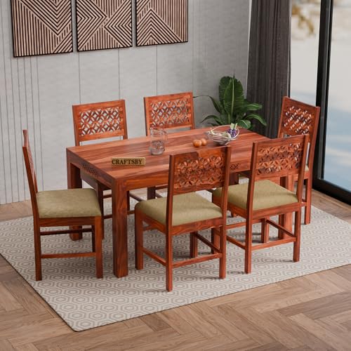 Image of 57 Inch Length Solid Sheesham Wood 6 Seater Dining Table Set | Six Seater Dinner Table with 6 Cushions Chairs | Dinning Table Set 6 Seater for Living Room | Table & Chair Set | Honey Finish