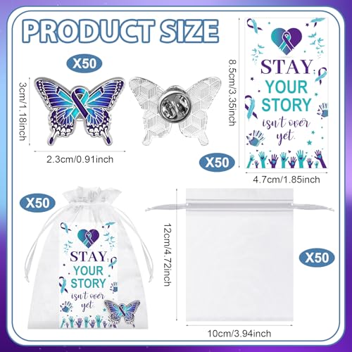 50 Sets Suicide Prevention Awareness Favors Butterfly Ribbon Lapel Pins Purple Teal Hope Faith Badges Brooch with Motivational Cards Organza Bags Gifts for Charity Campaign Party Supplies2