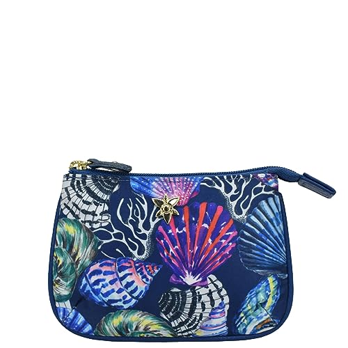 Anuschka Zip Travel Pouch-Wanderlust Collection-Nylon Fabric with Leather Trim and Artwork Print, Sea Treasures, One Size