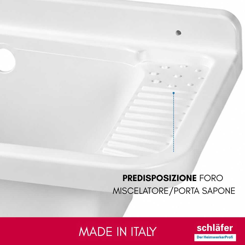 Schläfer 9610101- Pilozzo a Parete in Resina Bianco 59x39x28 cm con sifone di Scarico e Piletta, Lavatoio Lavapanni per Interno ed Esterno, Resistente agli acidi di uso comune
