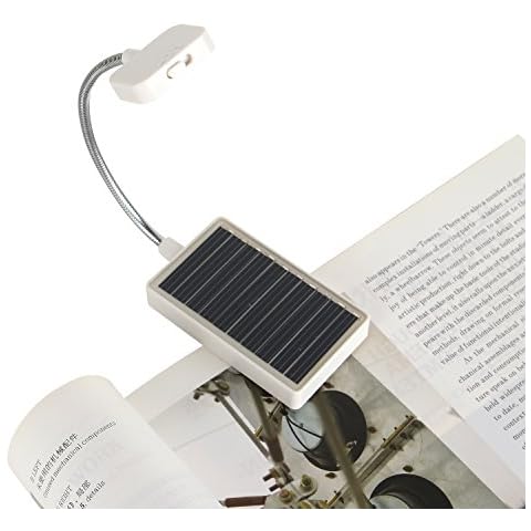 Glovion Solar Clip on Book Light LED Reading Light USB Rechargeable and Solar Powered,2 Brightness Settings Flexible Neck& Clip-on-White Cover