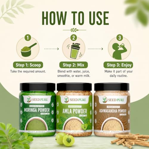 Image of Moringa + Amla + Ashwagandha Powder india, Drumstick Leaf Supplement for Digestion & Immunity, Ayurvedic Superfood, 100g moringa + amla + ashwagandha pack of 3 (300g)