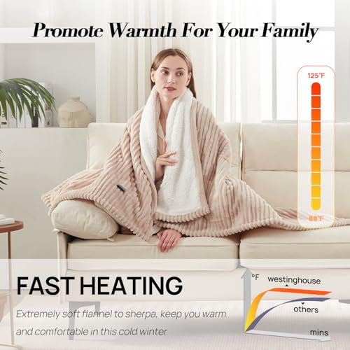Westinghouse Heated Throw Blanket, Cozy Soft Flannel to Sherpa Electric Throw with 6 Heating Levels & 2-10 Hours Auto Shut Off, Fast Heating & ETL Certification, Machine Washable, 50x60 Inch, Beige