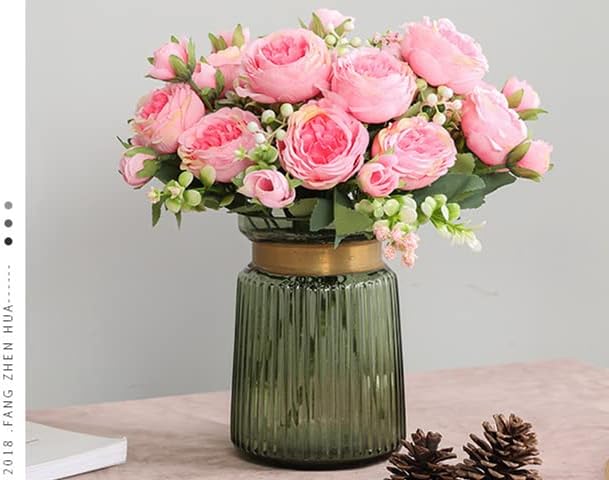 Decpro 4 Bunches Artificial Roses Peonies Flowers Bouquet Plastic Grasses Wedding Flowers for Home Party Garden Decor, Table Centerpieces, Flower Arrangements(Pink)