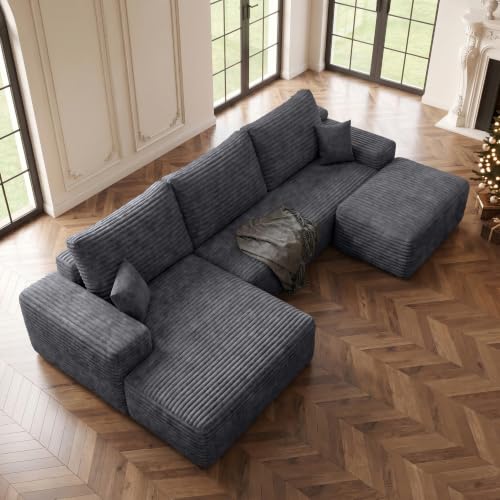 Image of Boneless Couch, Modular Sectional Couches for Living Room, U-Shaped Cloud Couch Sofa with Deep Seat, Fluffy Corduroy Upholstered Corner Sofa (Dark Grey U, 108 inch Left Facing)