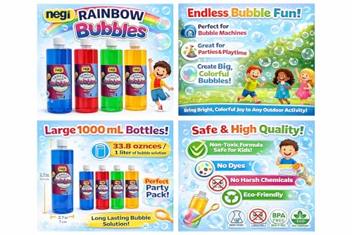 Image of Negi Bubble Refill Solution 1 LTR for Bubble Machine, Bubble Gun Blower, Giant Bubble Wand Multicolor,for Kids (Pack of 2)