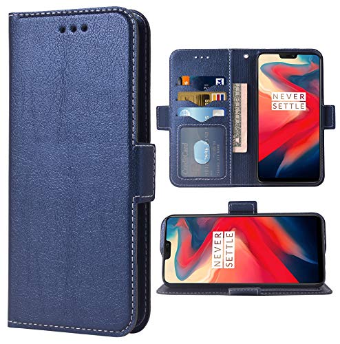 Phone Case for Oneplus 6 Folio Flip Wallet PU Leather Credit Card Holder Slots Heavy Duty Full Body Protection Kickstand Protective Phone Cover for Oneplus6 A6000 A6003 One Plus6 Plus Blue