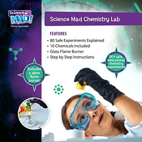 Science Mad SM40 Chemistry Lab Kit for Kids-Learn 80+ Safe, Educational Fun Experiments-Includes Chemicals and Real Flame Burner, 10+ Years, Multi, 39cm