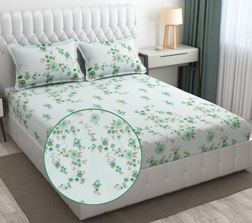Image of Fresh From Loom Floral Print 240 TC Microfiber King Size Bedsheet Set with 2 Pillow Cover - Hypoallergenic & Soft (90 x 95 inch | Cyan, Floral Design)