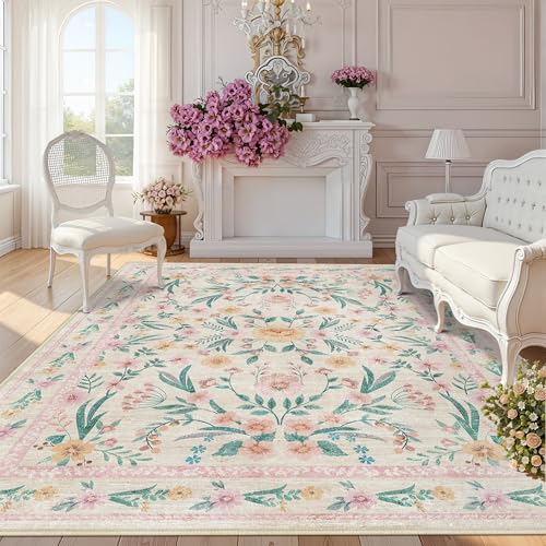 Dadasgk 8x10 Pink Floral Area Rug,Large Washable Living Room Carpet