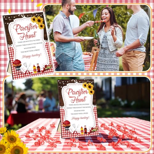 Image of Thyle 51 Pcs BBQ Themed Baby Shower Game BBQ Pacifier Hunt Sign and 50 Acrylic Pacifiers for Baby Shower Decorations Gender Reveal Table Centerpiece Pregnancy Party Supplies