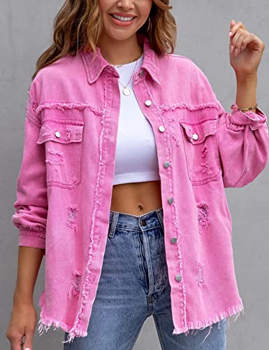 LifeShe Women's Denim Jacket Oversized Button Down Jean Shirts Shacket Ripped Distressed Frayed Coat 5