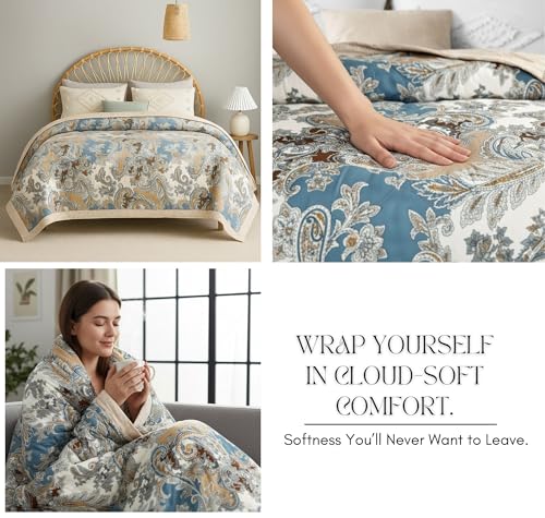 Image of BSB HOME Ultrasonic 280tc All Season Supersoft King Size bedcover /Rajaai Quilted Bedspread Ac Blanket /Comforter for Double Bed Durable and Lightweight 220 x 230 Cm, Abstract Teal & White