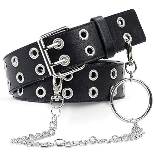 SUOSDEY Double Grommet Leather Belt with Detachable Chain for Women Men,Punk Black Belt with Double Studded Holes for Jeans2