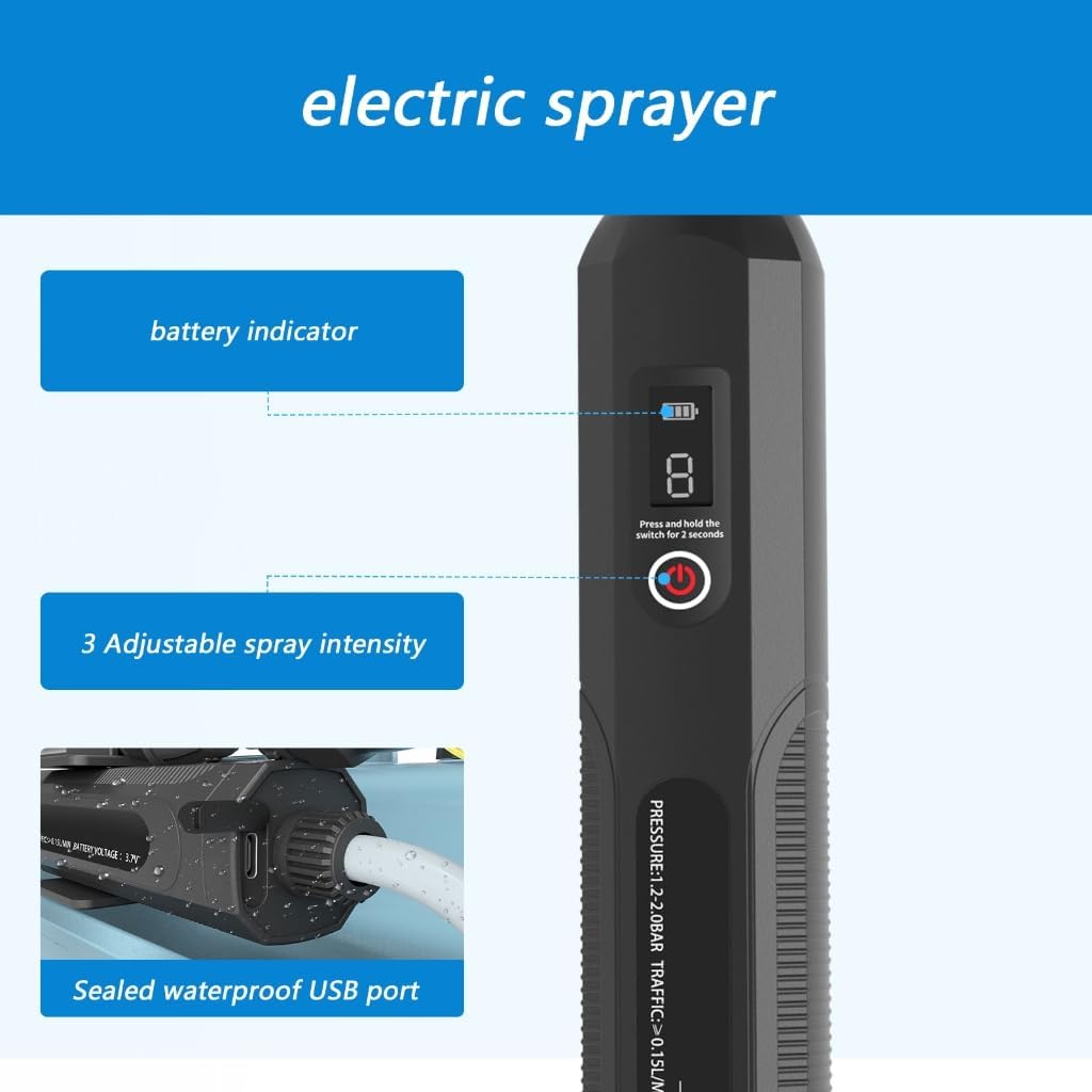 Battery Powered Sprayer 2 Gallon, 2000mAh USB Rechargeable Electric Garden Sprayer with 3 Speeds Displayed, 4 Mist Nozzles, Retractable Wand, Adjustable Shoulder Strap for Lawn Yard and Garden (B)