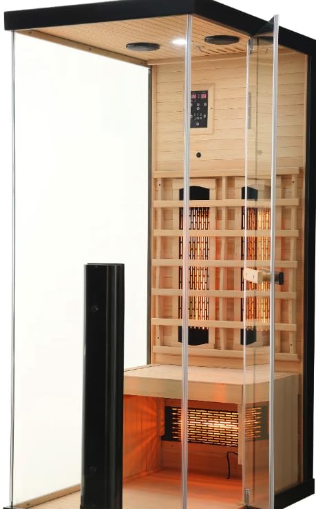 SANOTECHNIK Cabine infrarouge GRENA DELUXE (pour 1 personne, 80 × 110 × 190 cm) – Sauna infrarouge avec 4 projecteurs à spectre complet, verre de sécurité ESG de 6 mm, Bluetooth, MP3, lumière couleur