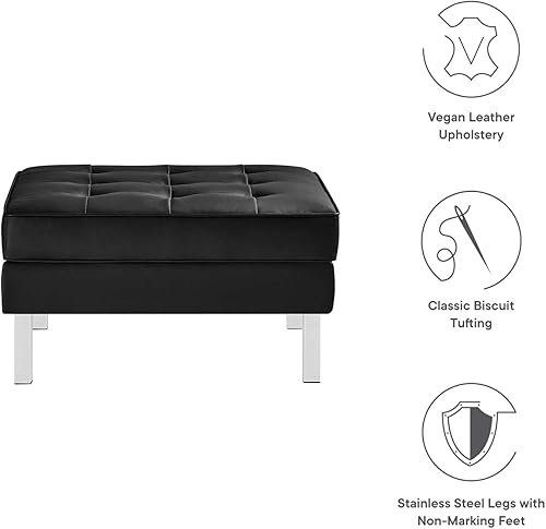 Miniatura 6 de Modway Otomana cuadrada tapizada de piel sintética con botones copetudos, color plateado y negro