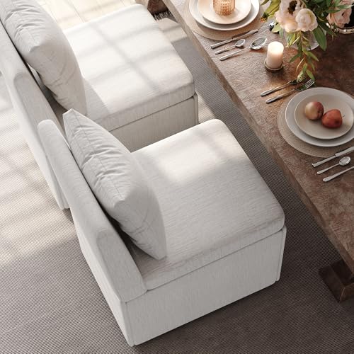 Tatub Upholstered Rolling Dining Chairs with Casters Set of 2, Modern Armless Linen Fabric Dining Chairs with Wheels for Living Reading Waiting Room - Cream