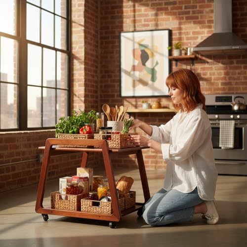 Image of Multipurpose Wood Trolley Storage Organiser and Kitchen Supplies Fruits, Vegetables, Onions, Cutlery, and a Trapezoid-Shaped Kitchen Storage Rack with 2 Layers Walnut Color