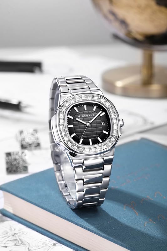 Image of Giordano Luxury Watch for Men with Textured Dial, Crystal Bezel, Date Display and Stainless Steel Strap