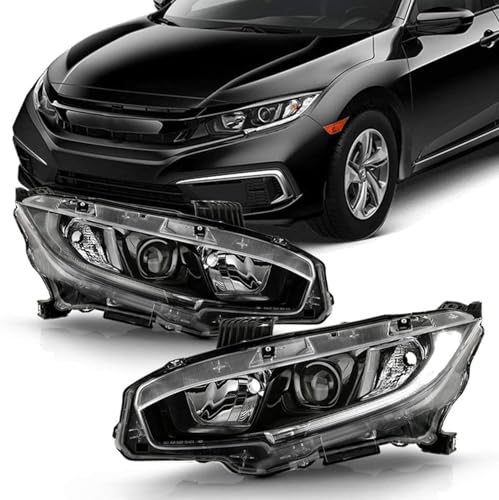Black Housing Headlight Assembly w-LED DRL Compatible with 2016-2021 Honda Civic Halogen Headlamps Driver and Passenger Side