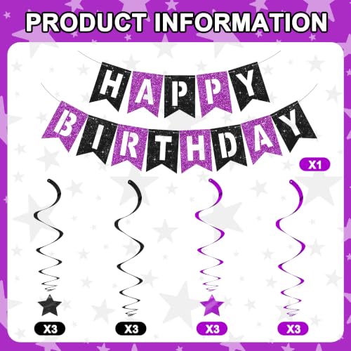 Image of BEISHIDA Black Purple Happy Birthday Banner with Stars for Kids Women Men Birthday Decor