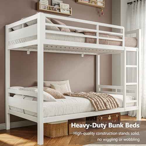 Image of iPormis Metal Bunk Bed Twin Over Twin, Heavy Duty Bunk with High Guardrail and Safety Entrance Design, Under-Bed Storage Space, Easy Assembly, Noise Free, White