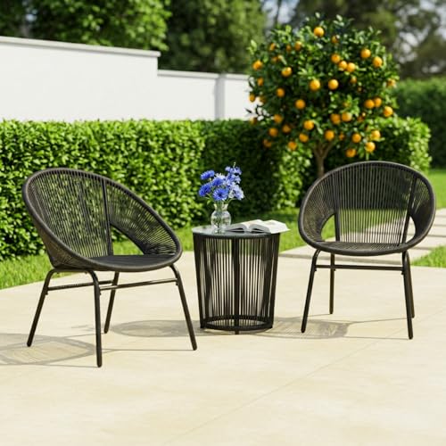 Image of DEVOKO Rope Outdoor 3-Piece Patio Chair Glass Top Round Table Set with All-Weather Rope Design Sturdy Durable Metal Frame for Garden, Balcony, Terrace, Deck(Black)