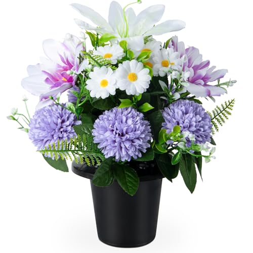 SIFOEL Künstliche Friedhofsblumen in Töpfen, künstliche Chrysanthmum-Lilien Gänseblümchen mit Topf, Gedenkgrabblumen für Friedhof, Beerdigung, Outdoor-Grabdekoration (1 Stück, Weiß & Lila)
