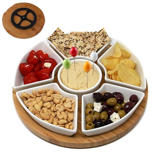 PLATEYTR Drehbares Tablett mit Gummibaum-Drehteller, 6-teiliges Tellerset + drehbares Bambustablett + Bambusdeckel + Obstgabel, 6 weiße Porzellanschalen und EIN Bambustablett (29 x 29 x 5 cm)
