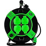 REV Kabeltrommel EX, 25m, H05RR, IP44, 3000W, Verlängerungskabel, Aussenbereich, 4 Steckdosen, Thermoschalter, grün