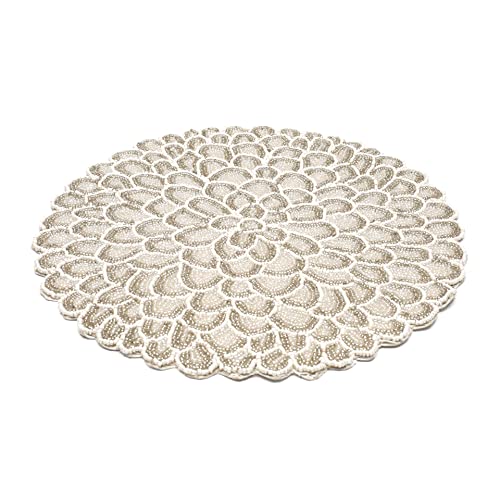 Handmade Round Beaded Placemat For Dining Table - 13 Inches Table Mat For Gathering, Occasional Decoration And Family Parties Celebrations - White/Silver #TOP16