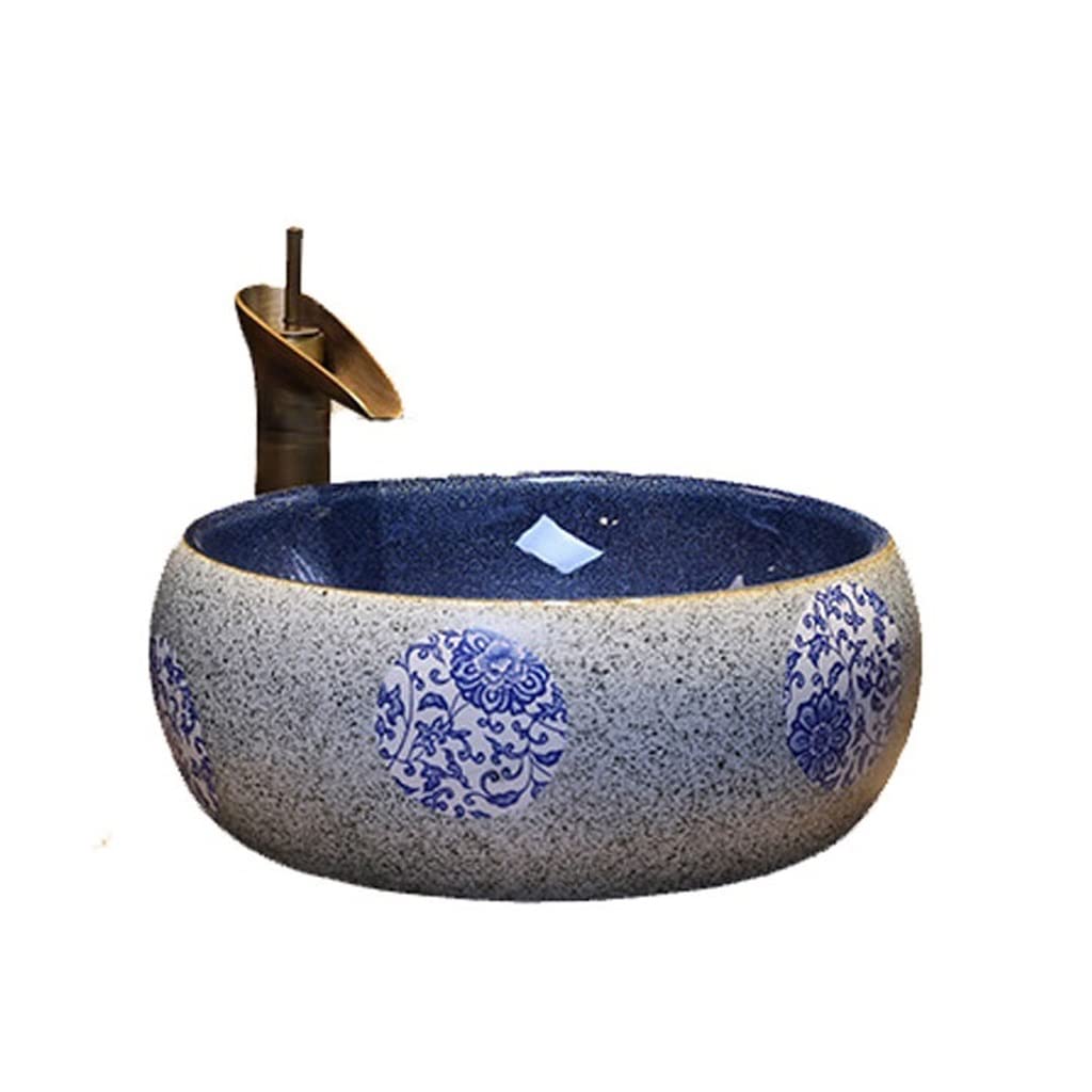 HTTGDGDH Bathroom Sink Bathroom Vessel Sink Vanity Vessel Sink Round Ceramic Washbasin Vintage Art Countertop Basin With Faucet Bathroom Vessel Sinks,